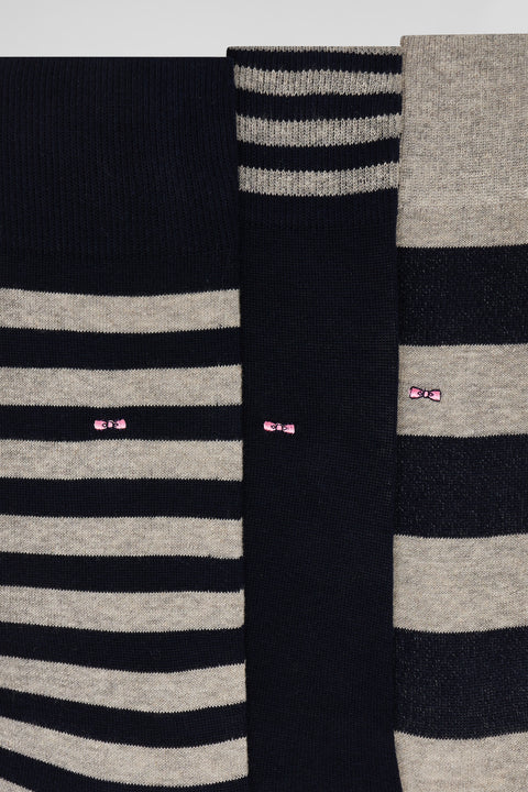 Set of three pairs of grey and navy striped socks - Image 3