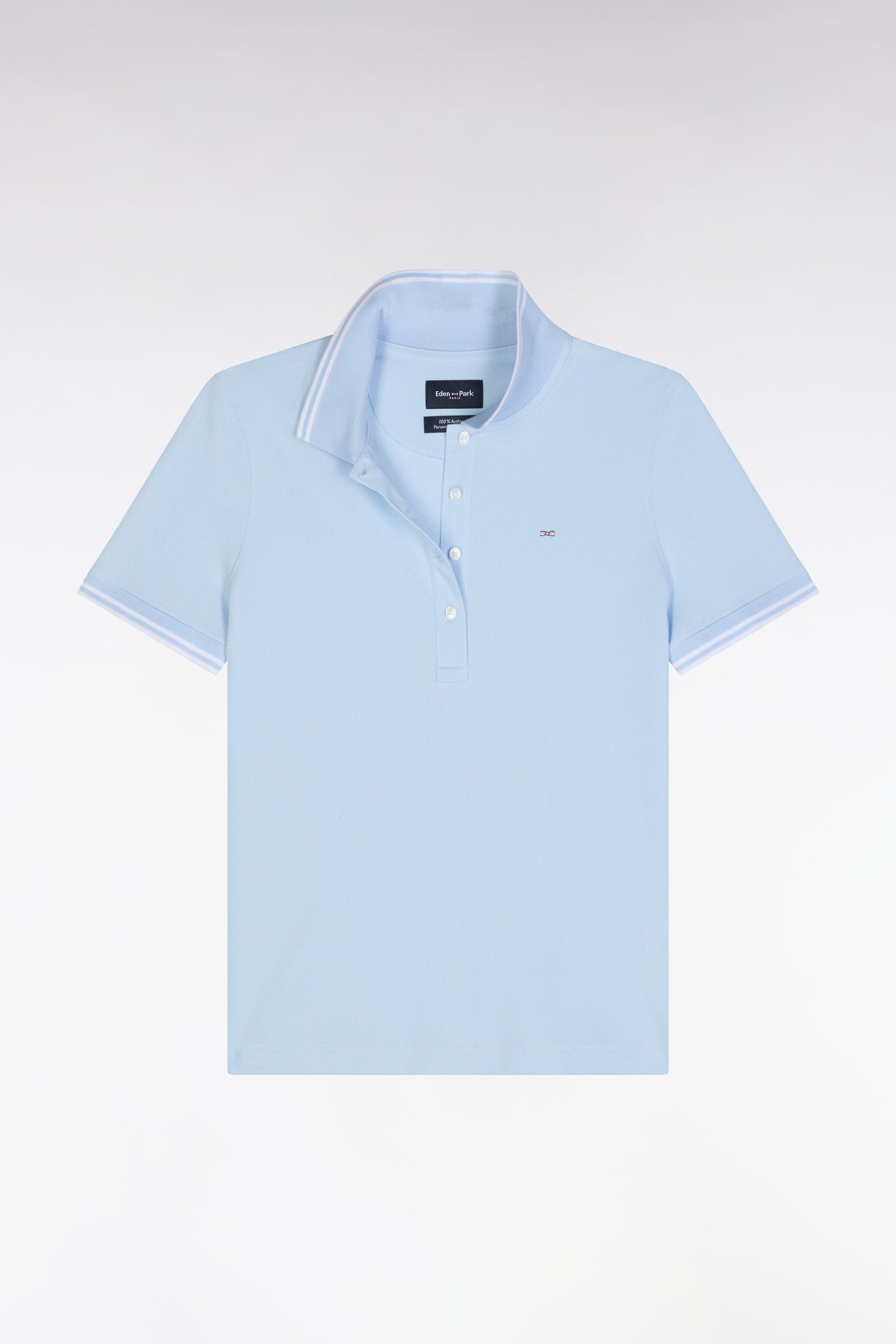 Short-sleeved polo shirt in sky blue Pima cotton piqué with striped accents