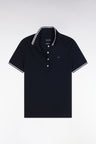 Short-sleeved polo shirt in navy Pima cotton piqué with striped accents