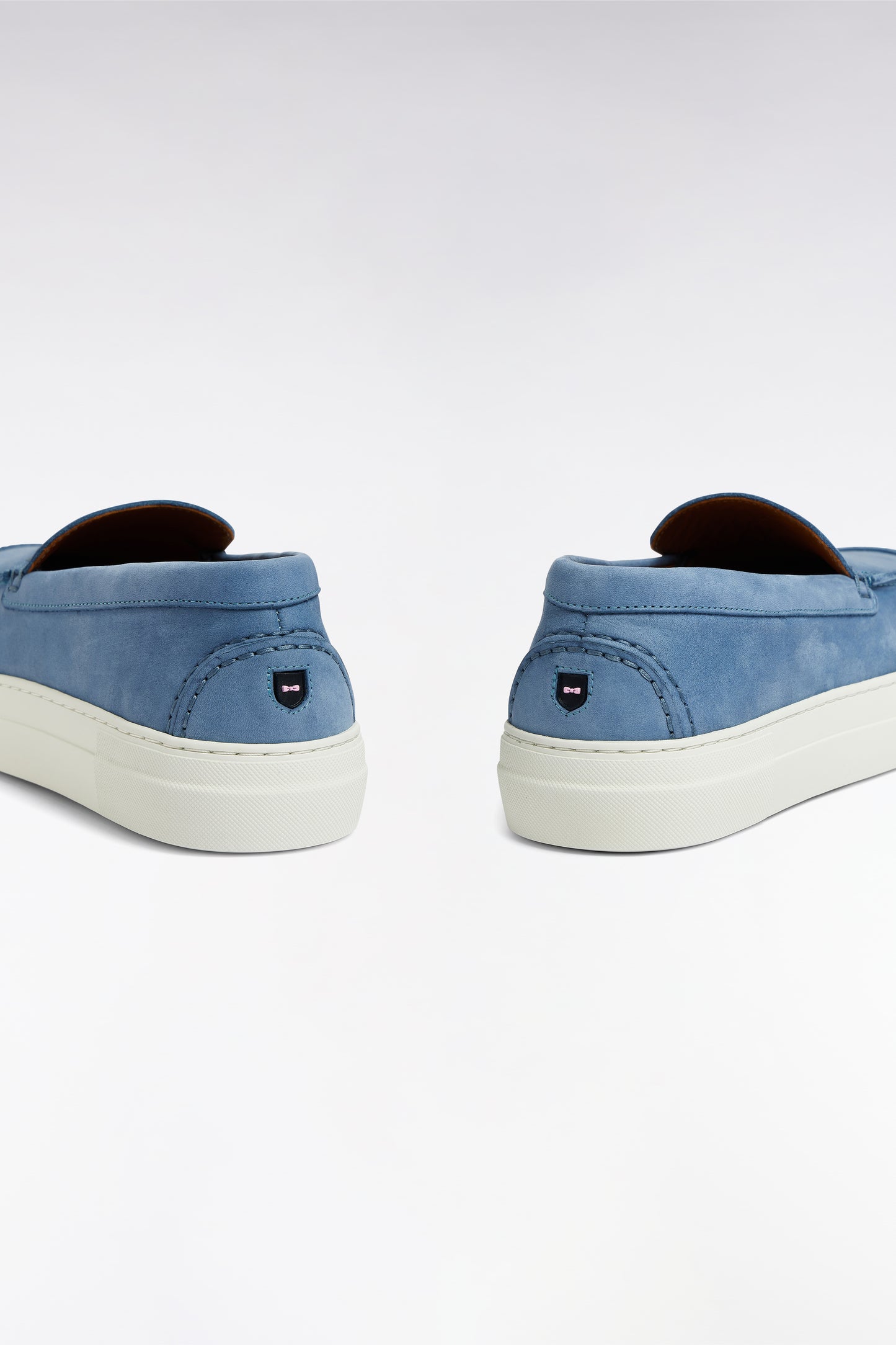 Blue-gray suede loafers with sneaker soles