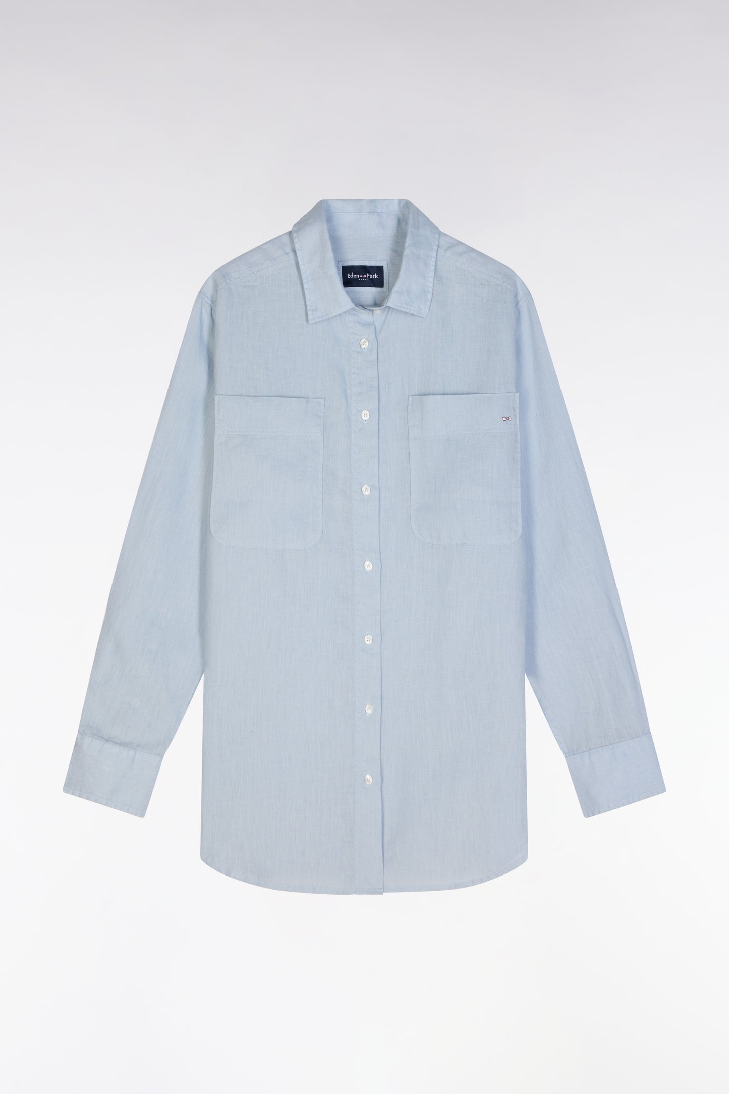 Oversized grey linen shirt with patch pockets