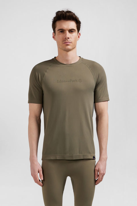 Khaki green short-sleeved sports T-shirt with striped details - Image 2