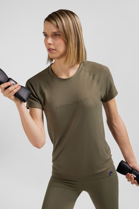 Khaki green short-sleeved sports T-shirt with striped details - Image 1