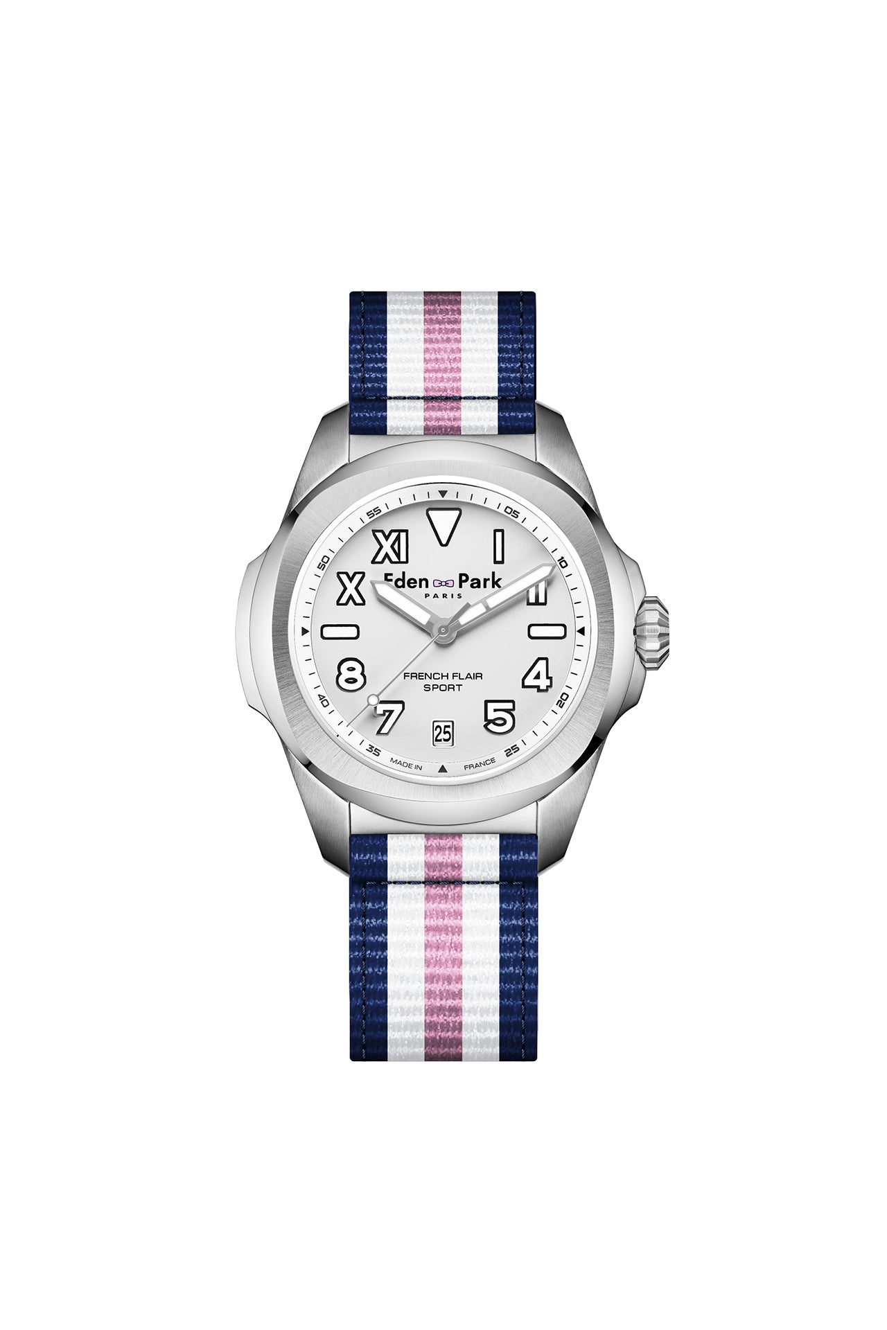 Quartz watch with white background striped NATO strap
