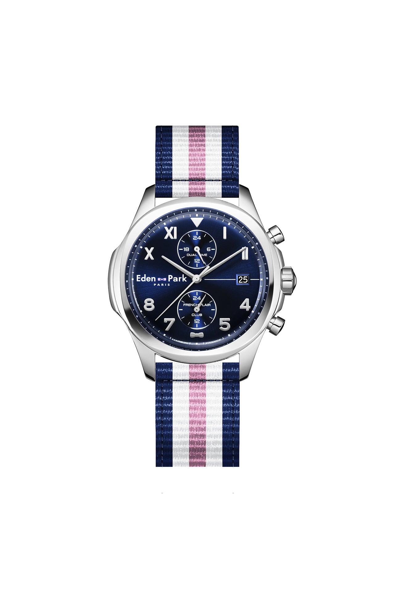 Quartz chronograph watch blue background tricolor striped NATO strap