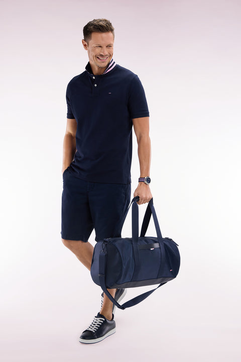 Navy and black duffle bag in leather and fabric - Image 1