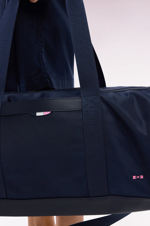 Navy and black duffle bag in leather and fabric - Image 3