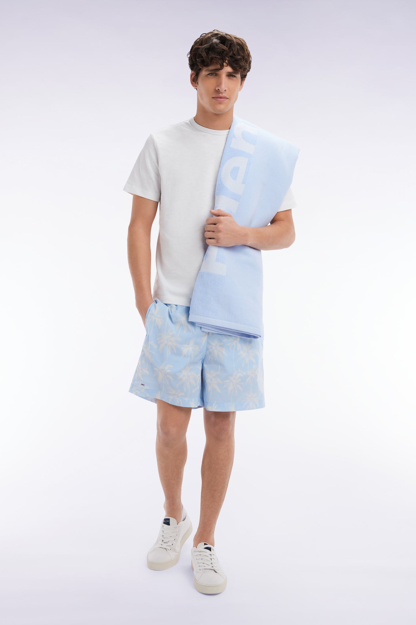 Sky blue swimsuit with palm tree print