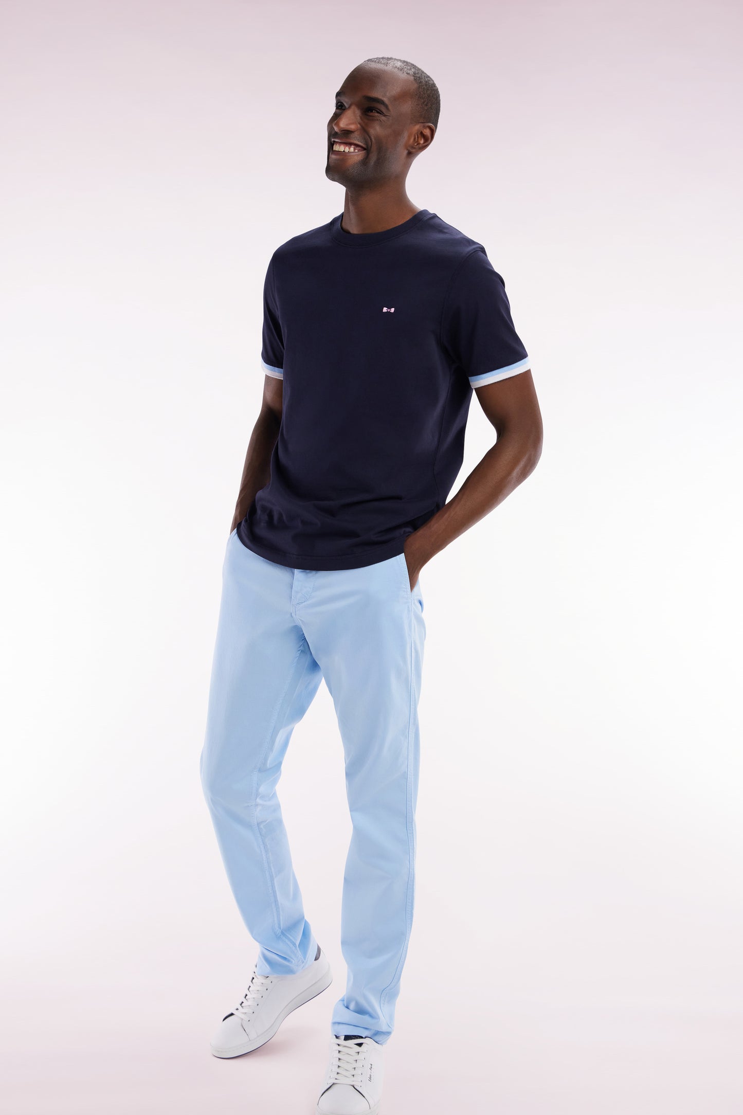 Light blue straight-cut stretch cotton pleat-free chinos
