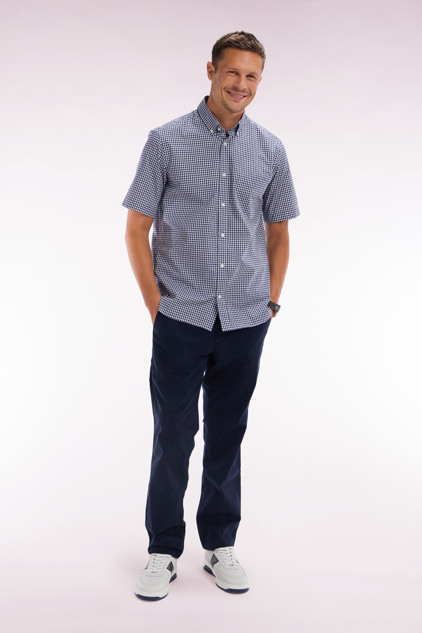 Navy straight-cut stretch cotton pleat-free chinos