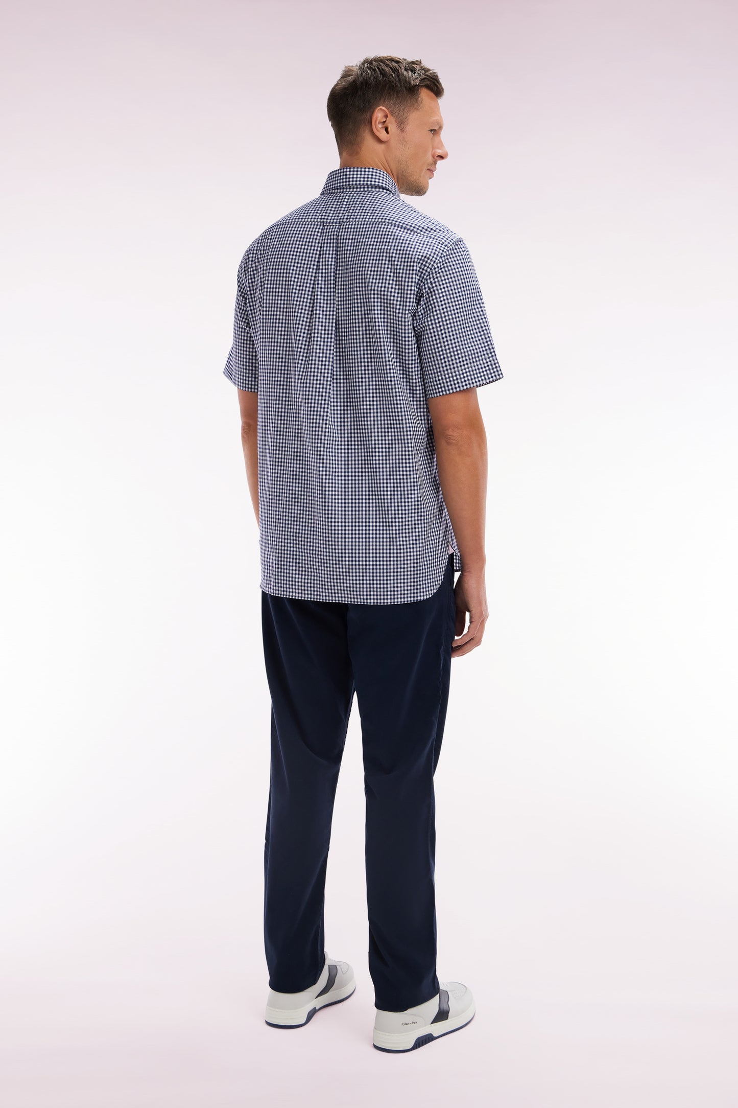 Navy straight-cut stretch cotton pleat-free chinos