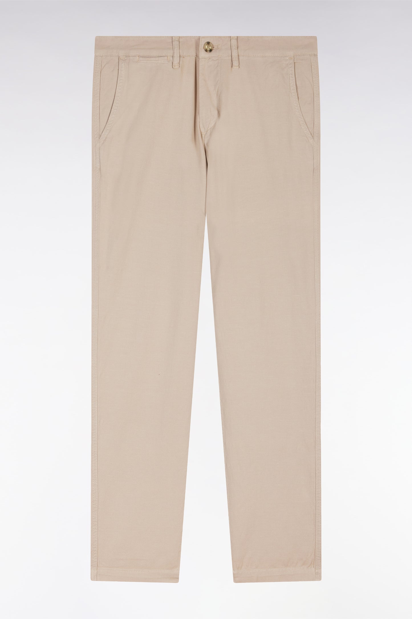 Straight-cut beige stretch cotton and linen pleat-free chinos