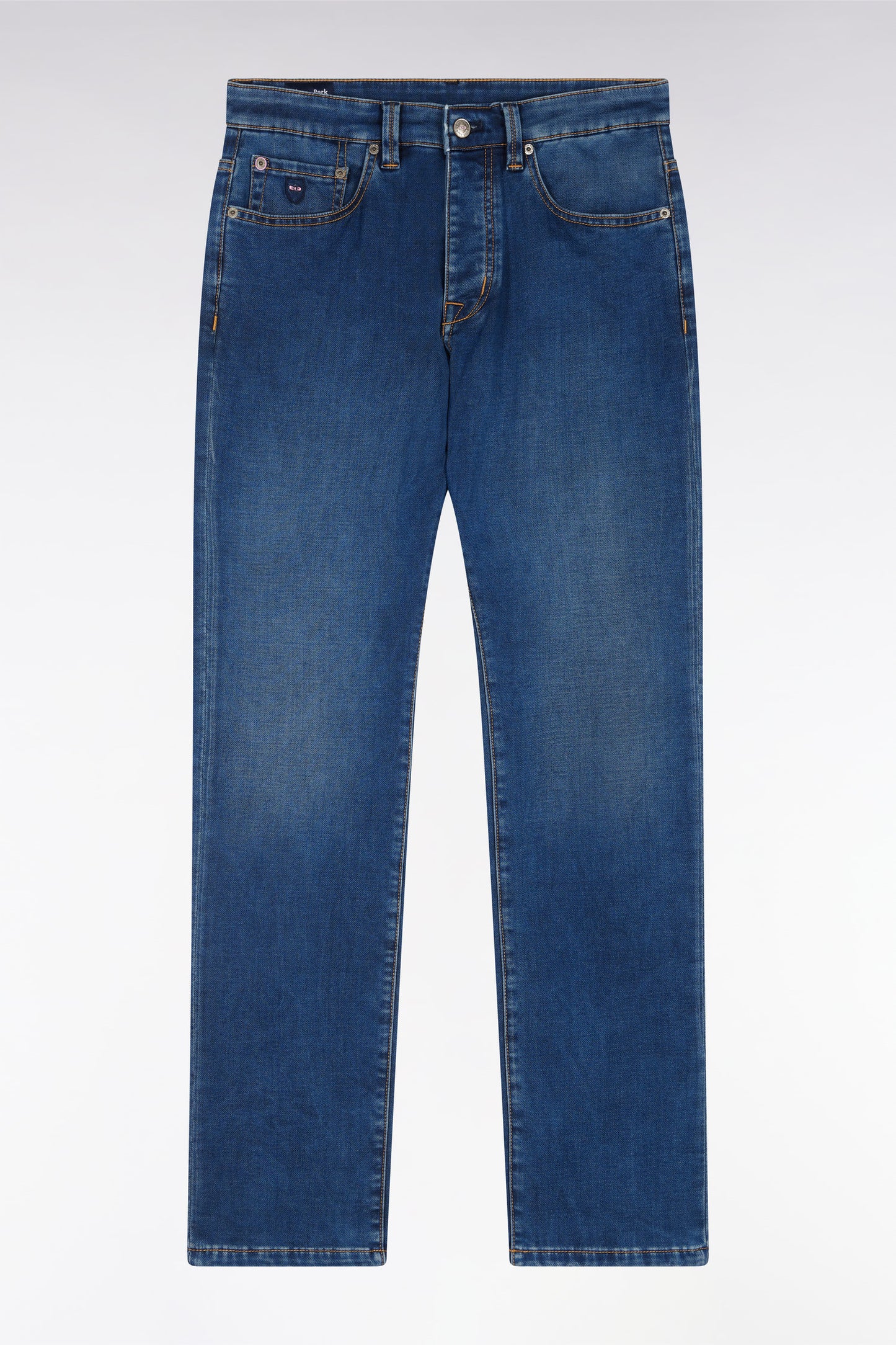 Straight-cut raw blue stretch denim 5-pocket jeans