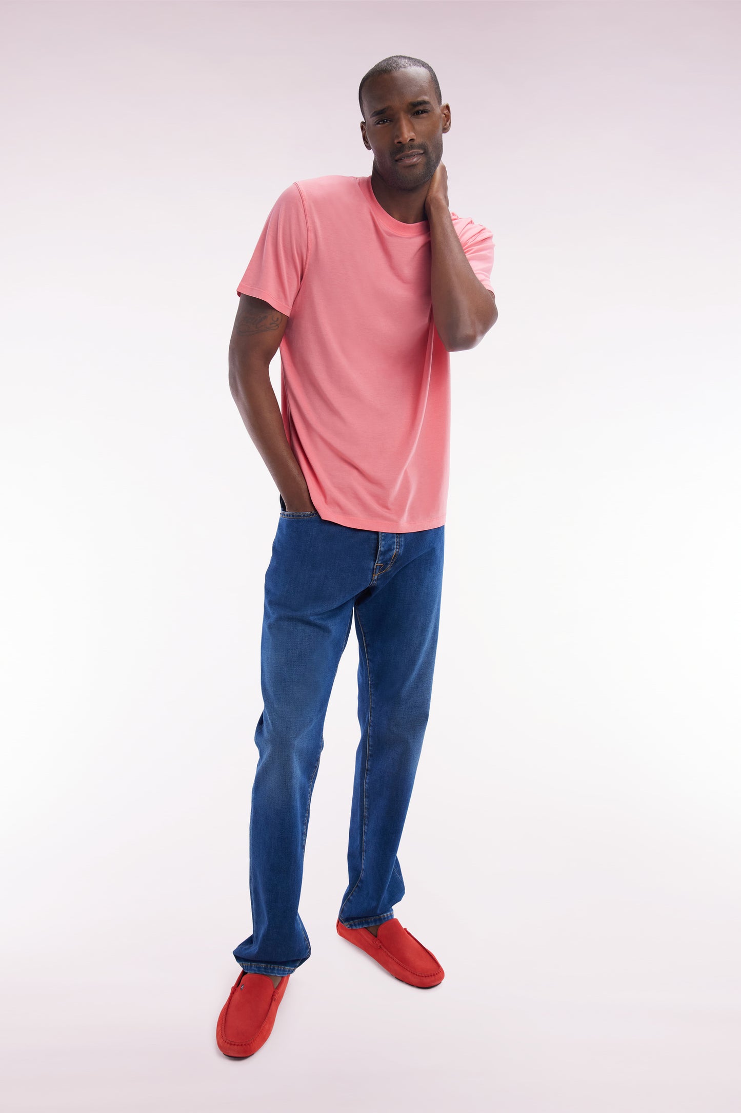 Straight-cut raw blue stretch denim 5-pocket jeans