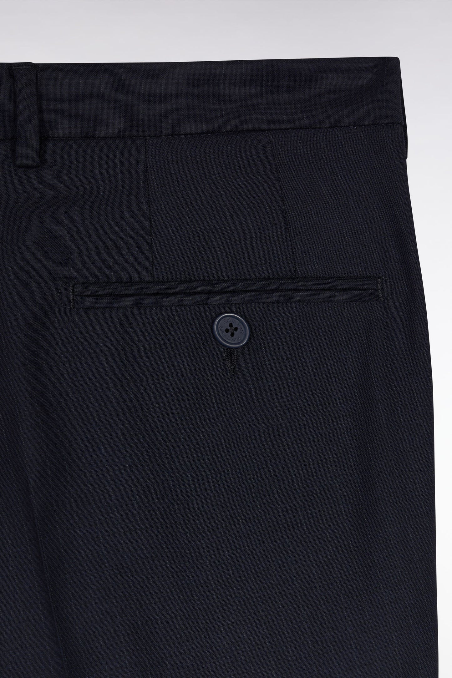 Navy stretch wool blend trousers with fine stripes