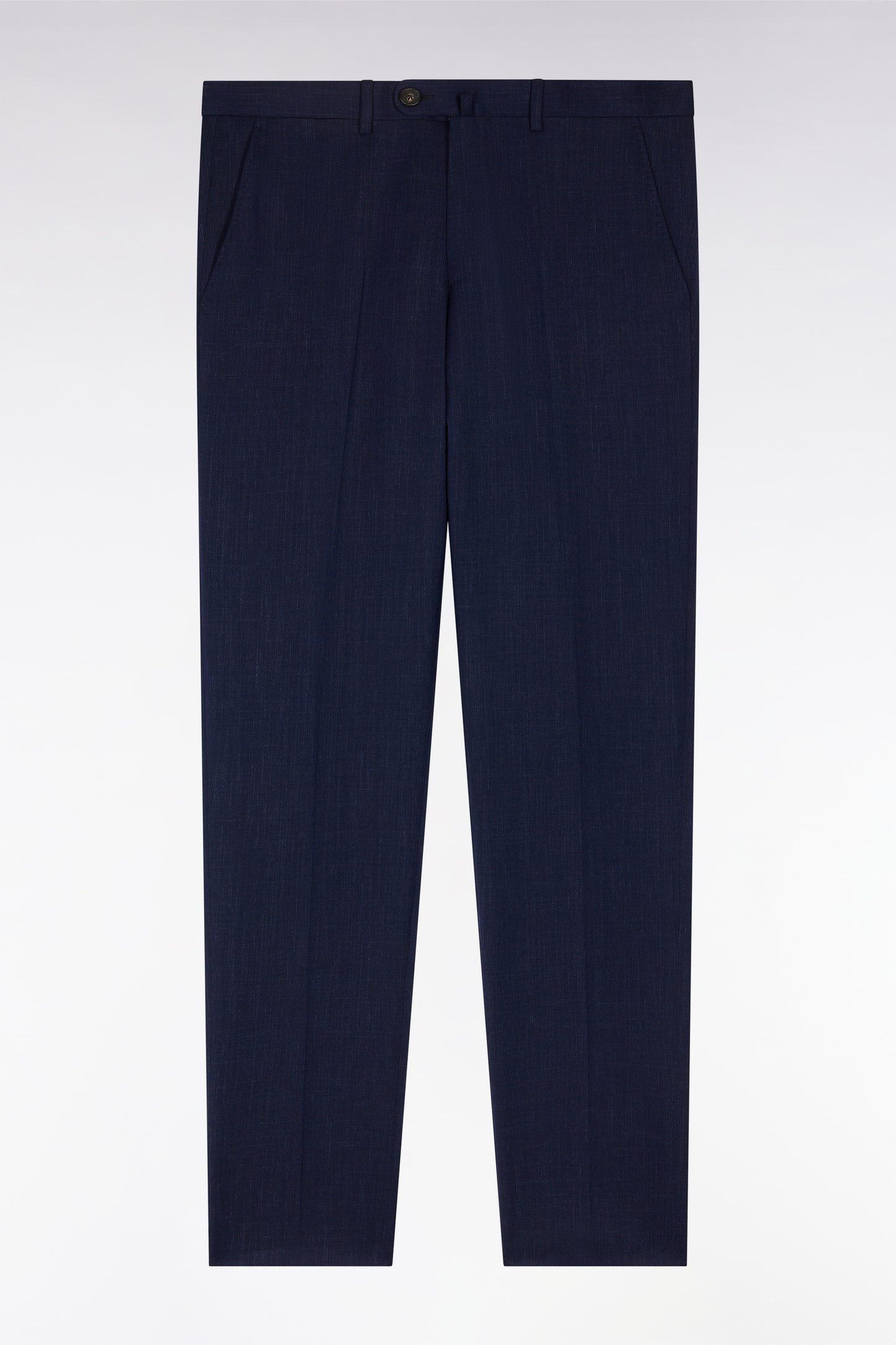 Elasticated trousers in navy stretch wool and cotton blend