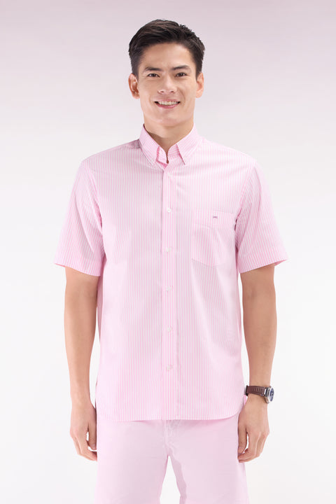 Straight short-sleeved shirt in striped pink cotton - Image 1