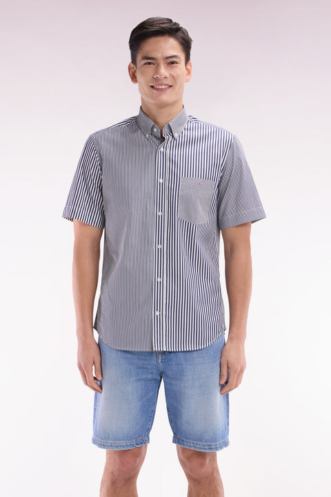 Straight short-sleeved shirt in dark blue striped poplin cotton - Image 1