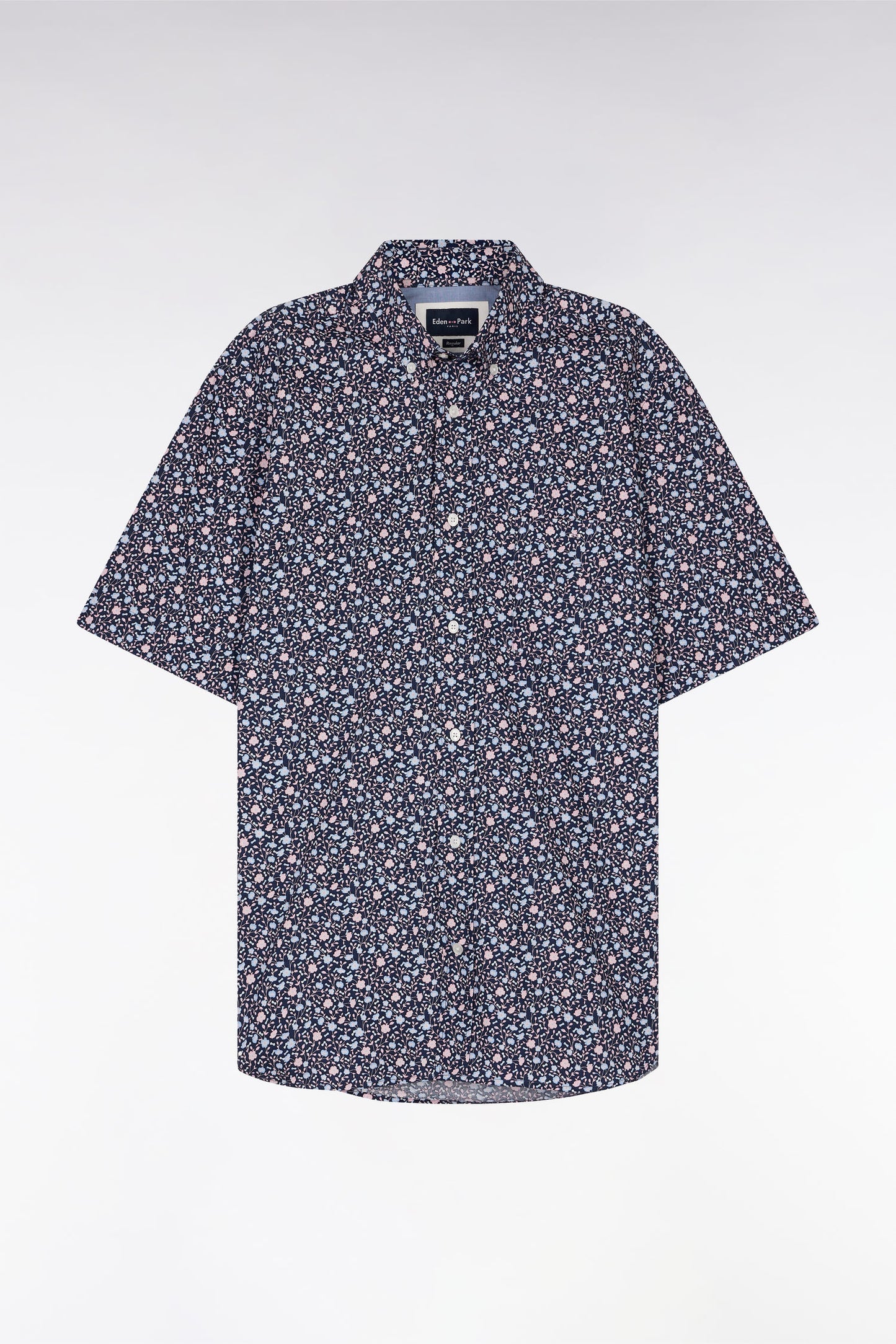 Straight short-sleeved navy shirt in cotton poplin with pink floral print