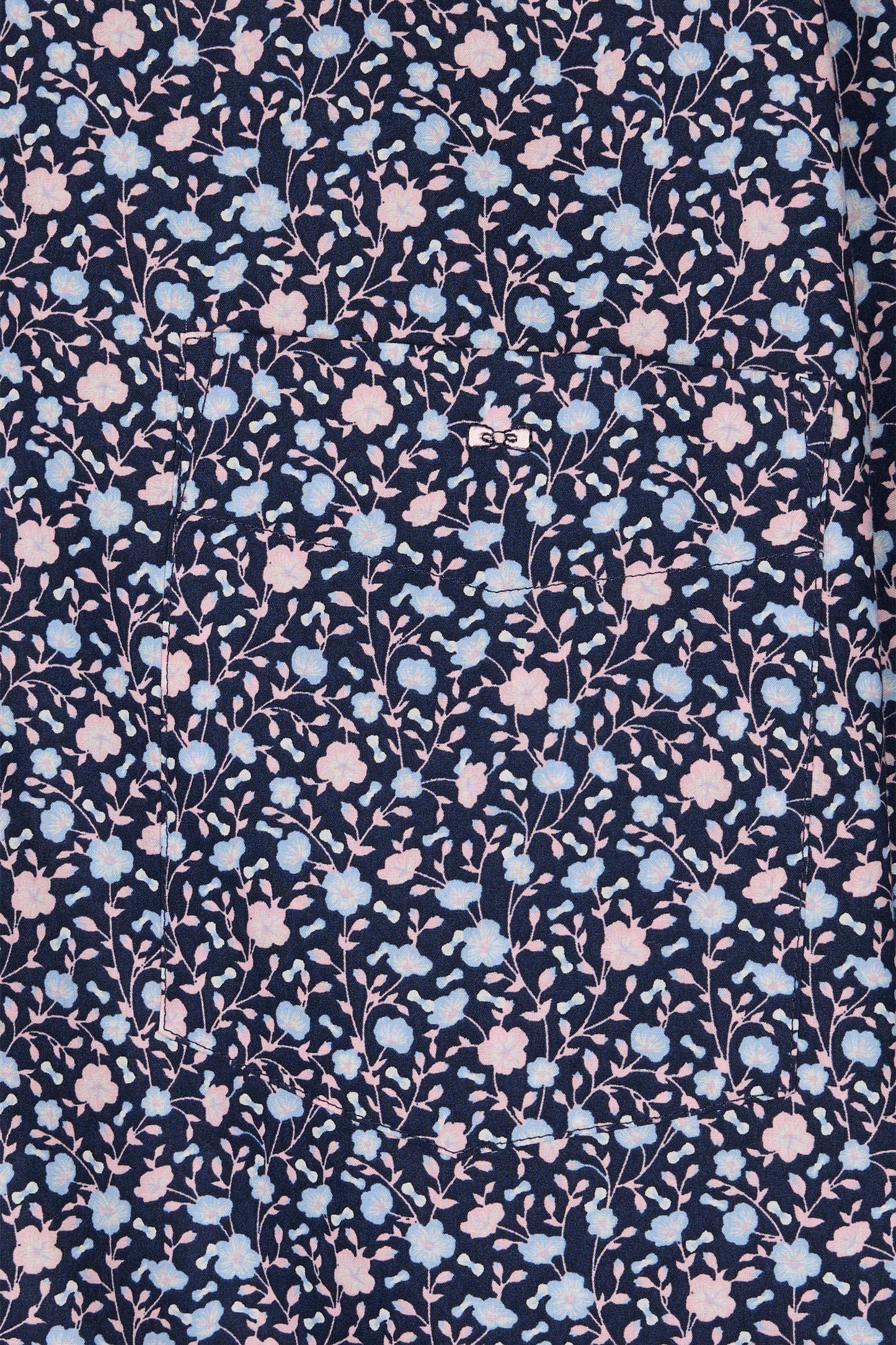 Straight short-sleeved navy shirt in cotton poplin with pink floral print