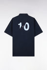 Straight short-sleeved navy shirt in cotton with sky blue back embroidery