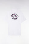 Straight short-sleeved white shirt in cotton poplin with pink rimmed back embroidery