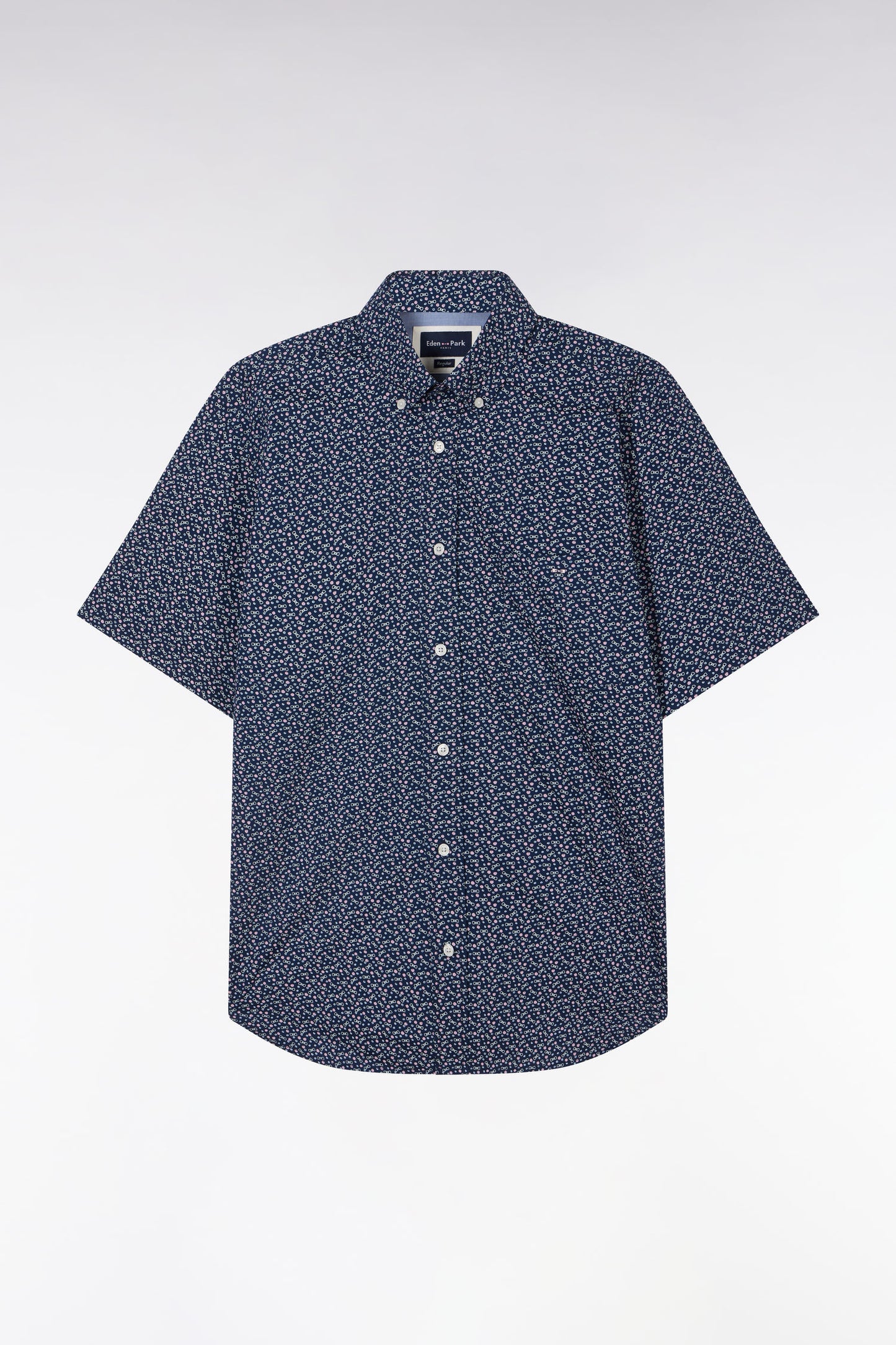 Straight short-sleeved shirt in navy cotton poplin bow tie micropattern
