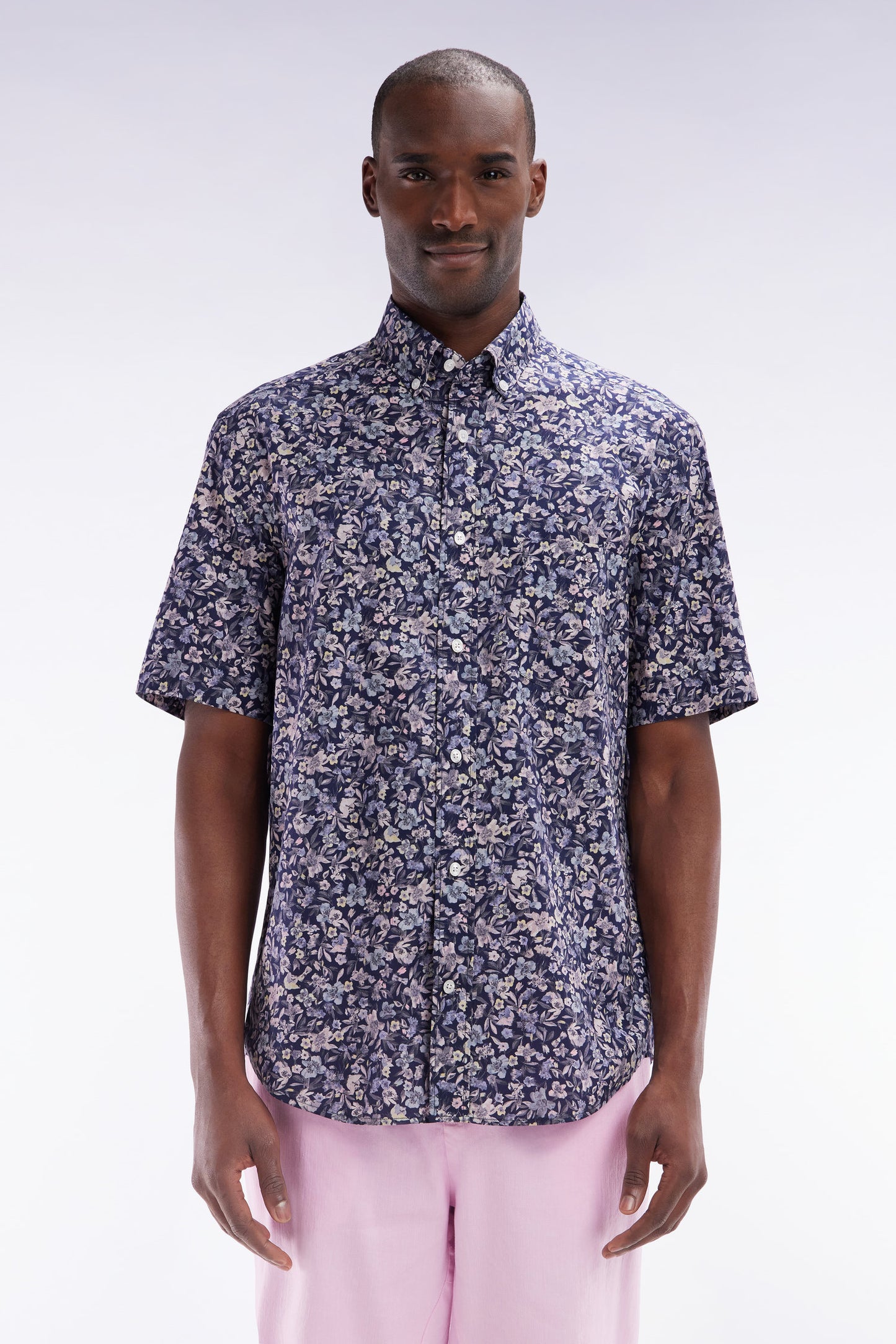 Straight short-sleeved dark grey shirt in Pima cotton poplin floral micropattern