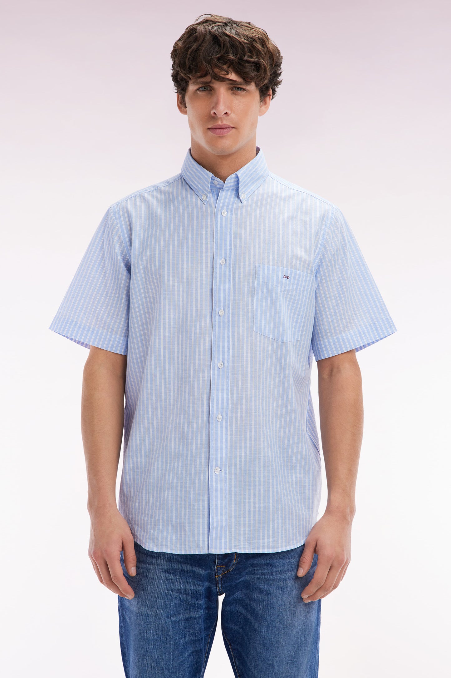 Straight striped short-sleeved sky blue cotton shirt