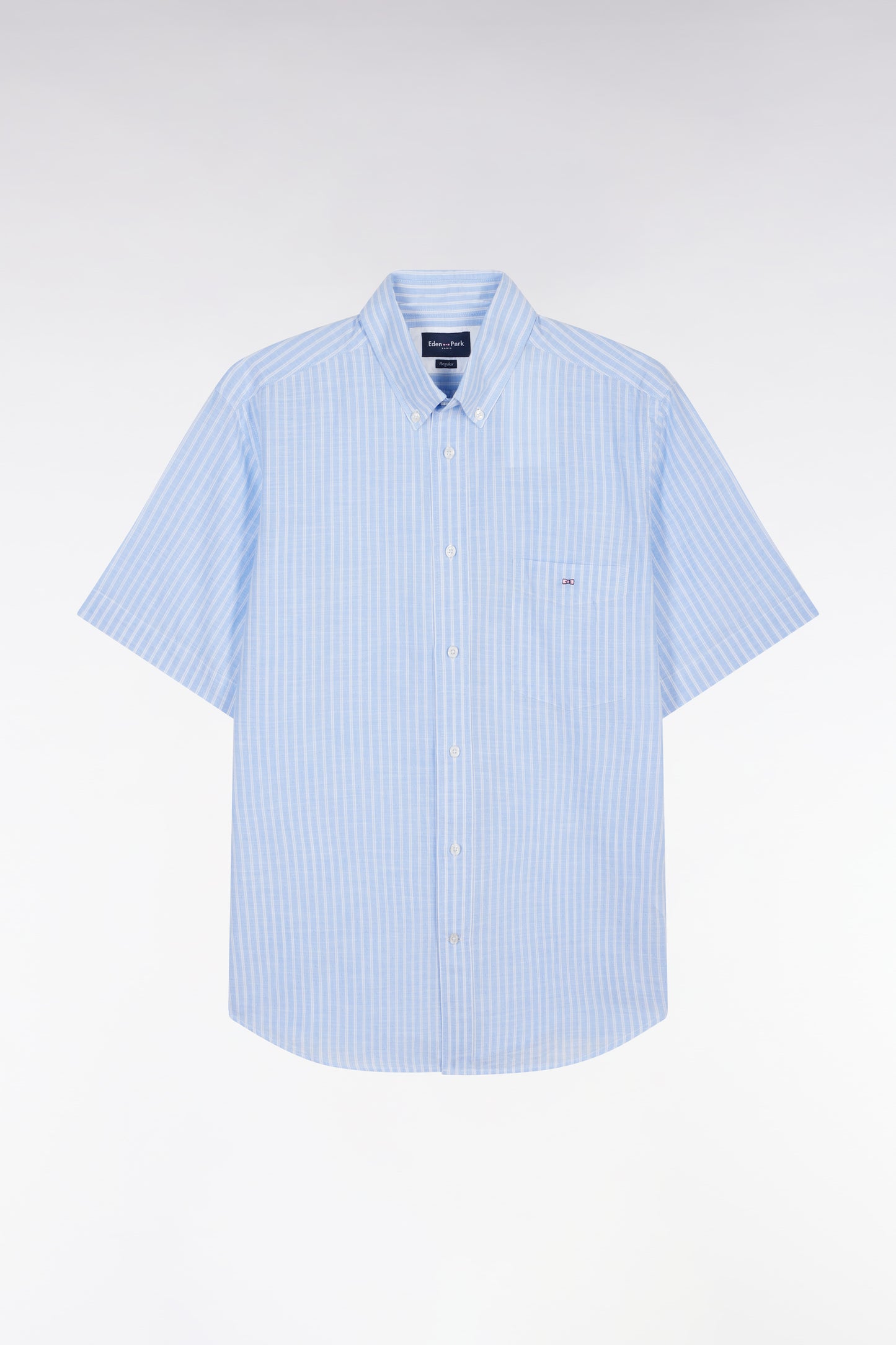 Straight striped short-sleeved sky blue cotton shirt
