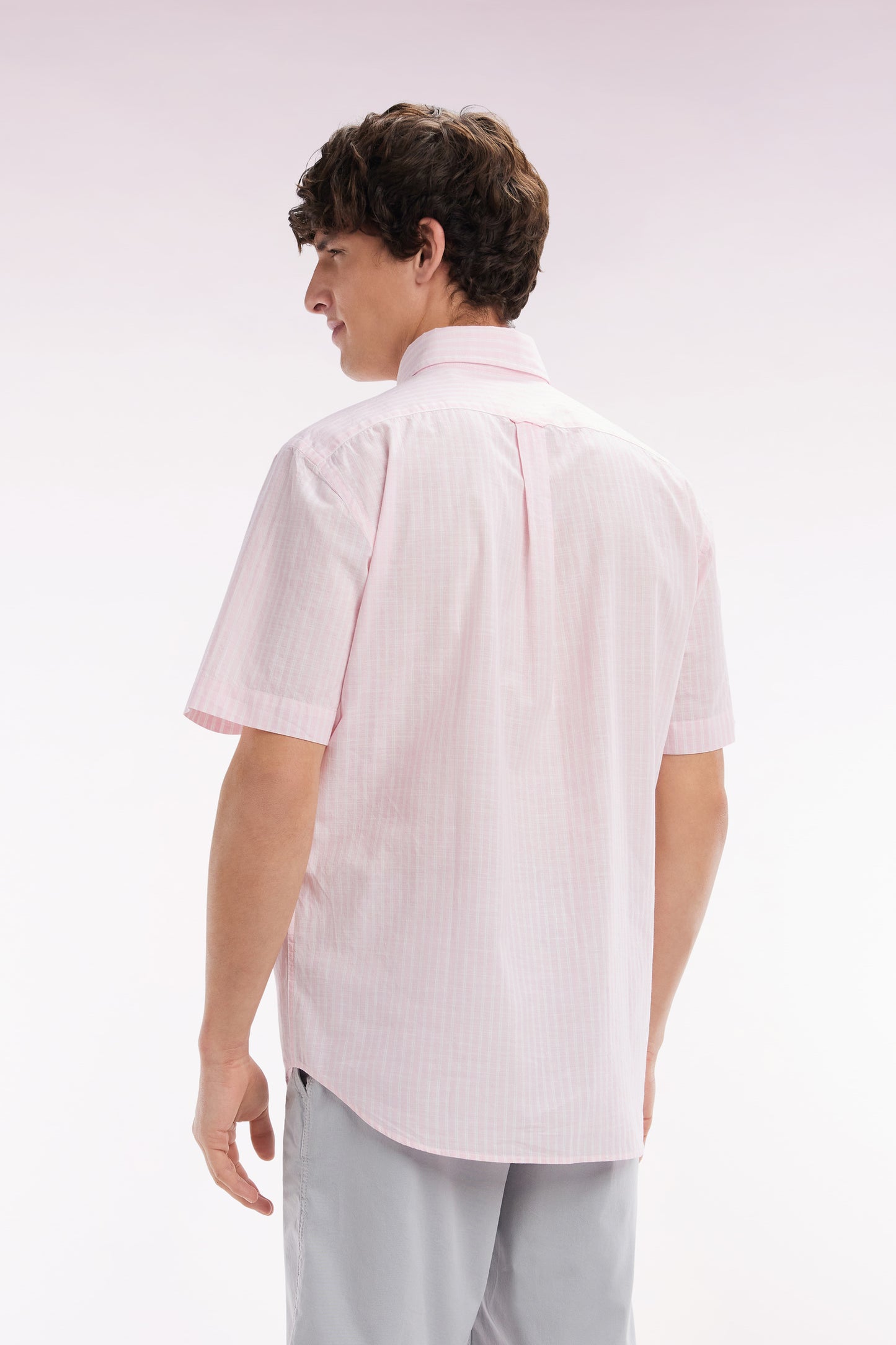 Straight striped short-sleeved pink cotton shirt