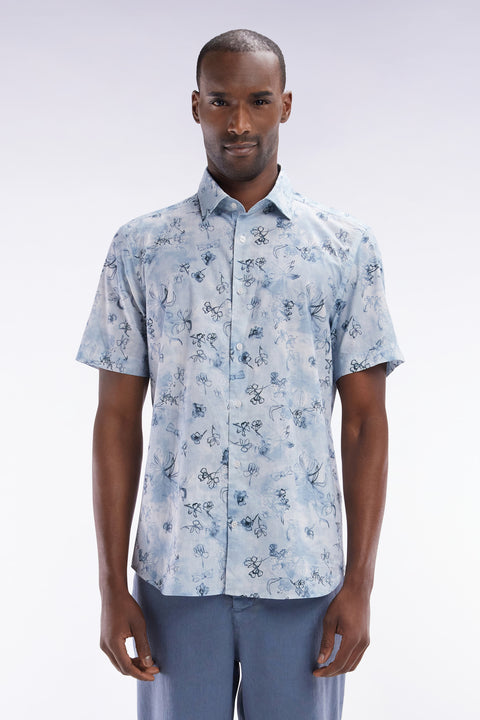 Slim-fit short-sleeved shirt in blue-grey cotton with a floral print - Image 1