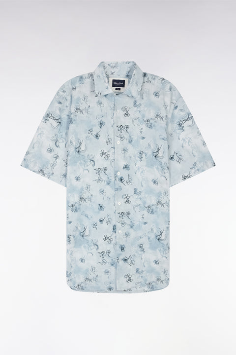 Slim-fit short-sleeved shirt in blue-grey cotton with a floral print - Image 2