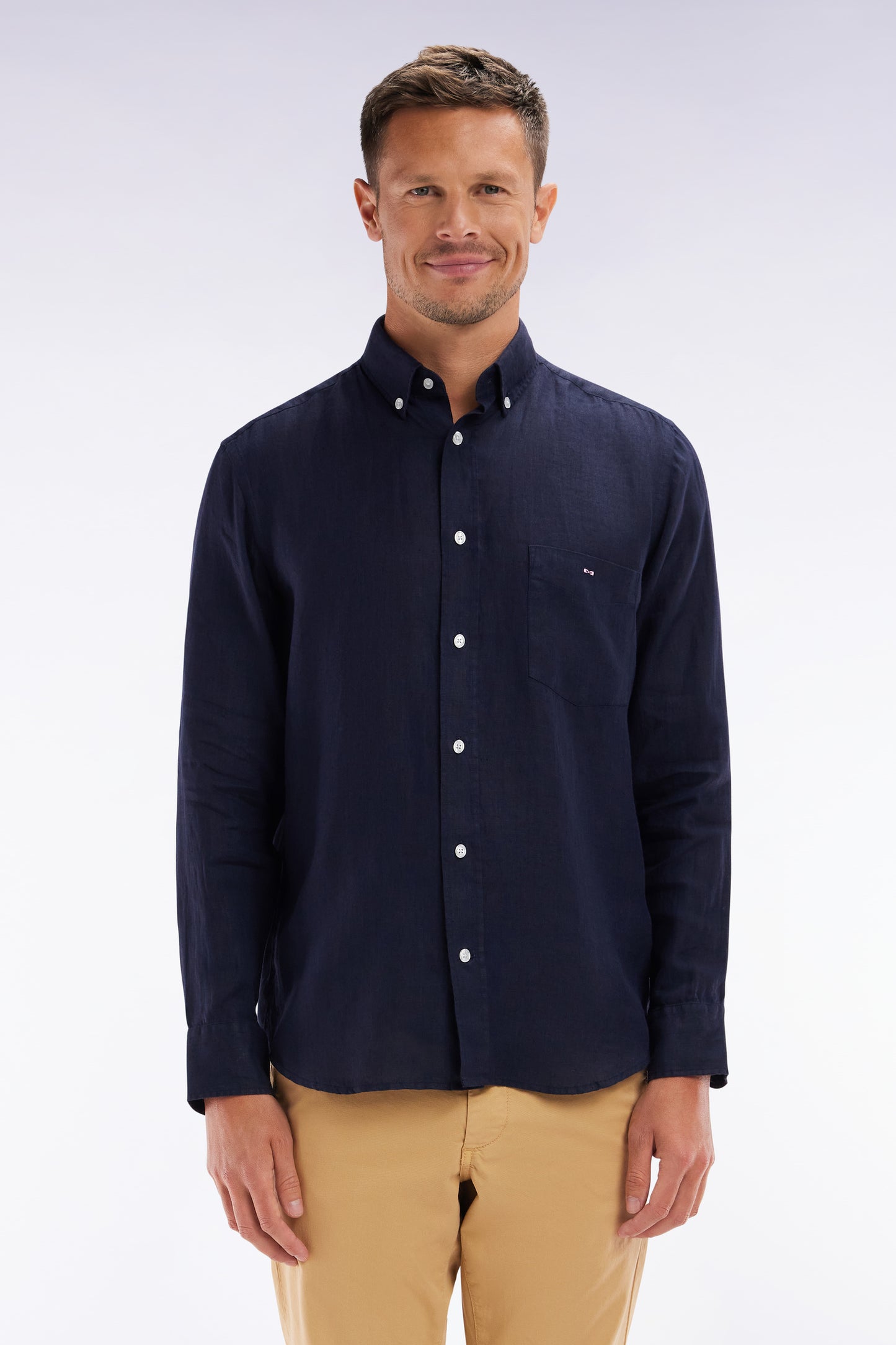 Straight-fit navy linen shirt