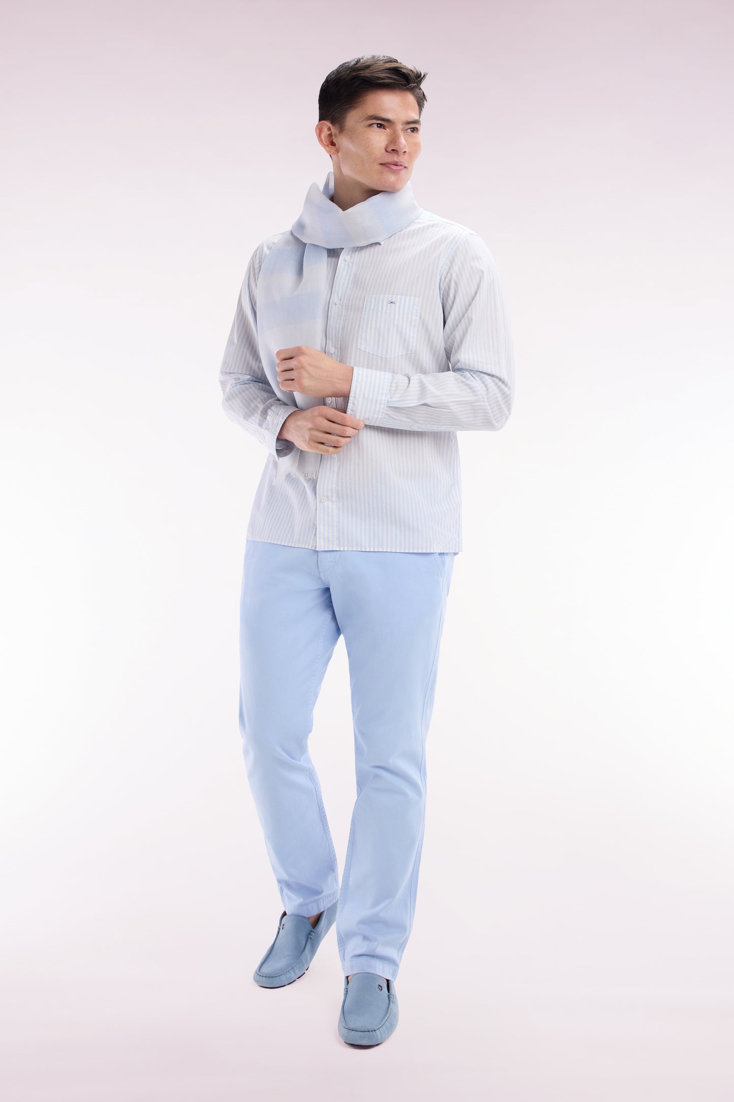 Straight-fit sky blue striped cotton shirt