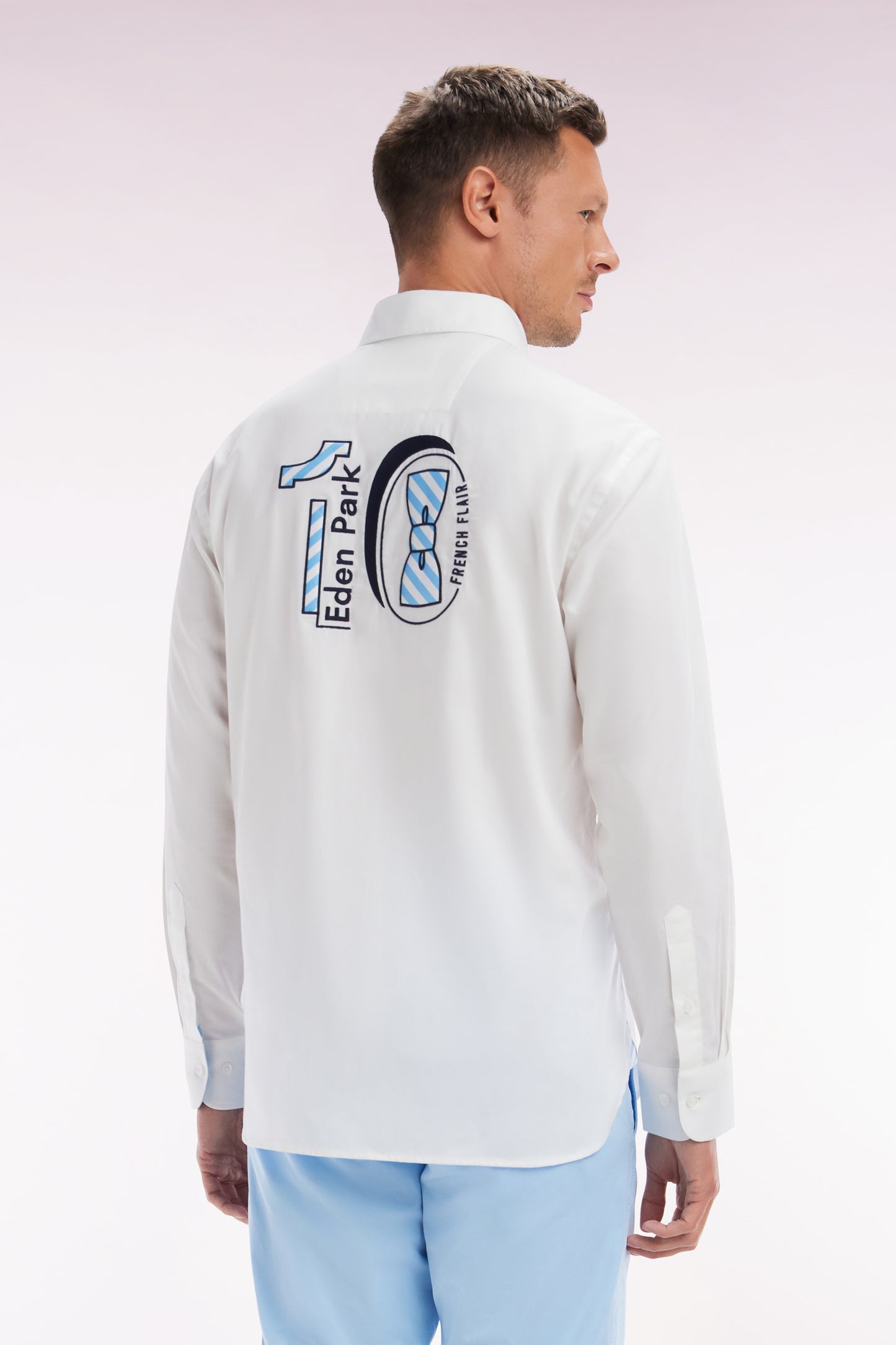 Straight-fit white pinpoint cotton shirt with 10 embroidery