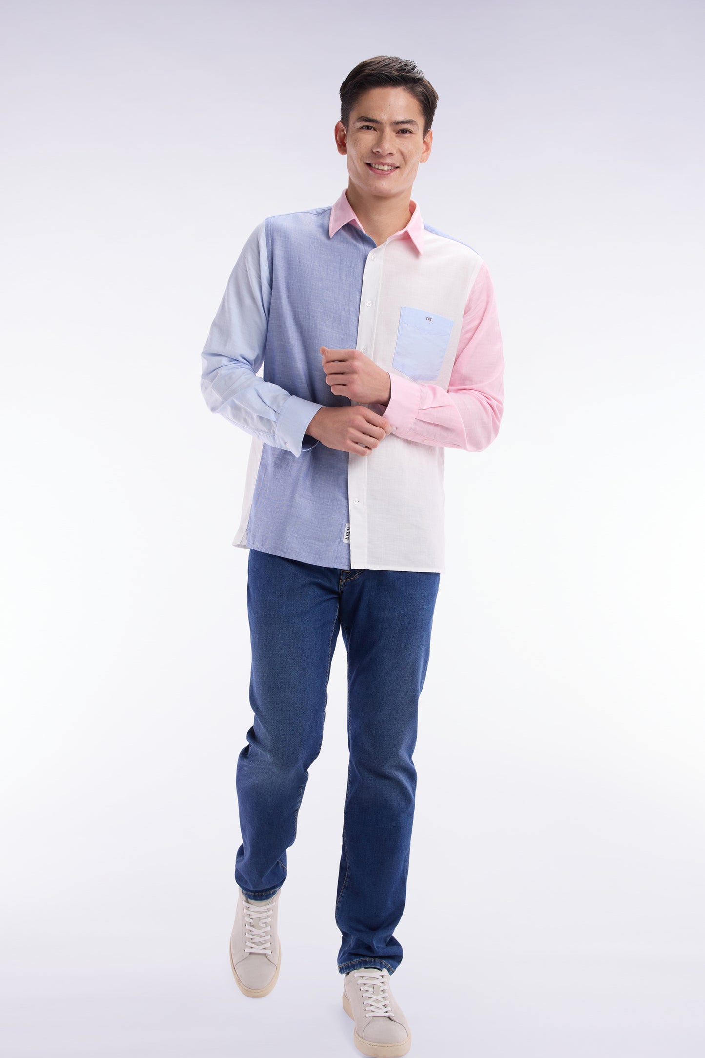 Straight-fit blue and pink colorblock shirt