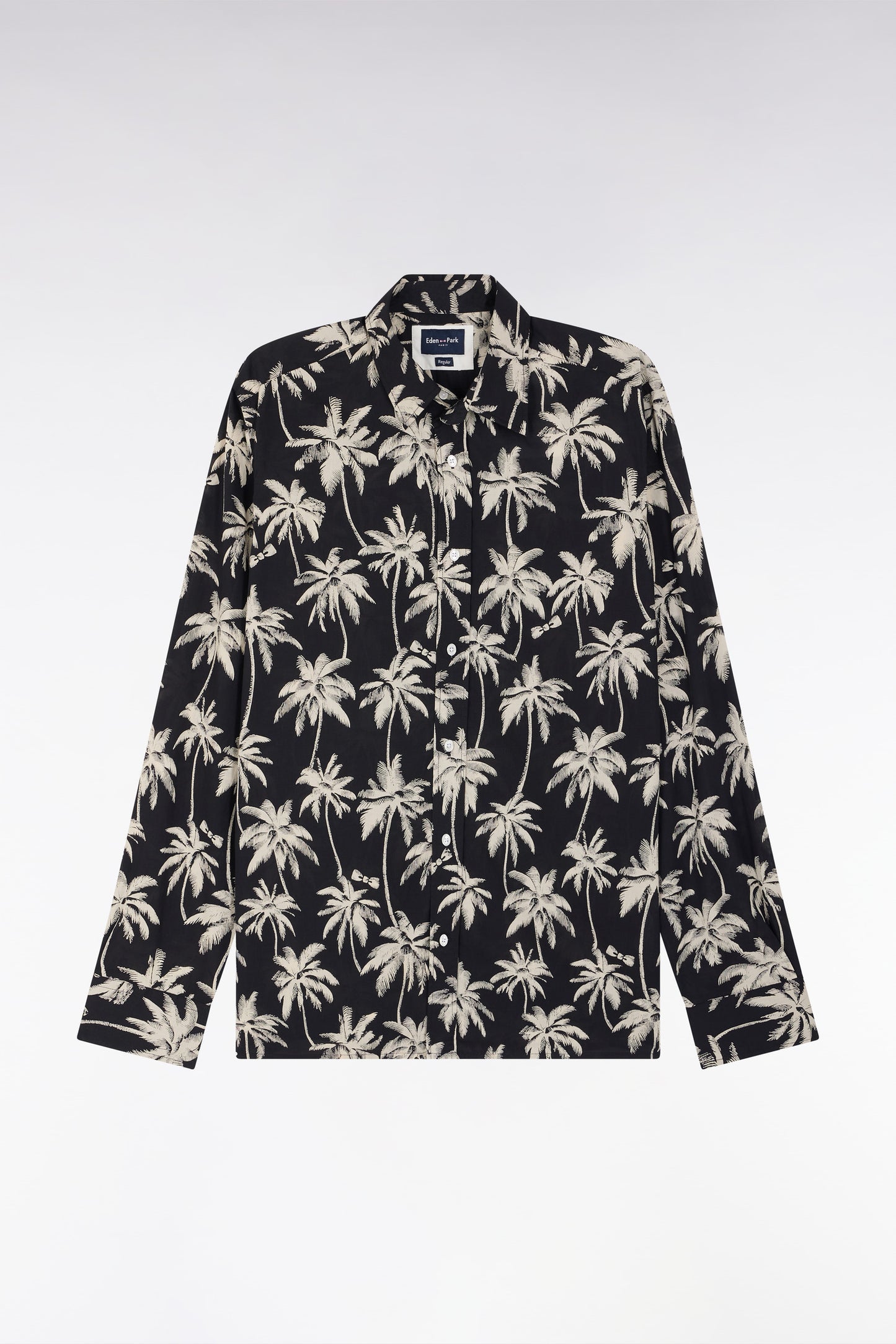 Straight-fit black cotton shirt with palm tree print