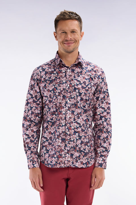 Straight-fit cotton poplin shirt with burgundy floral print - Image 1