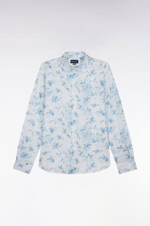 Slim-fit sky blue linen shirt with floral print - Image 2