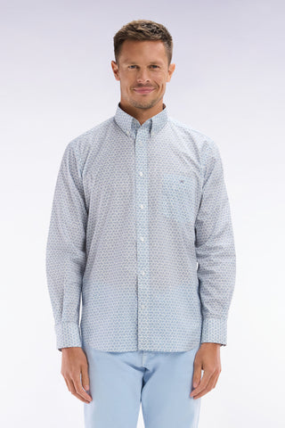 Straight-fit cotton poplin shirt with grey graphic microprint
