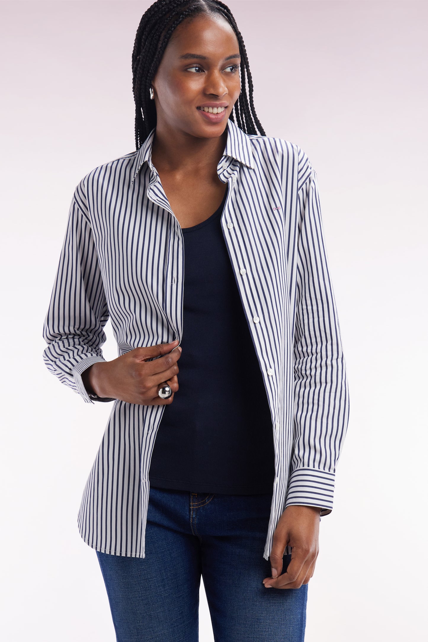 Relax-fit sky blue cotton shirt with stick stripes