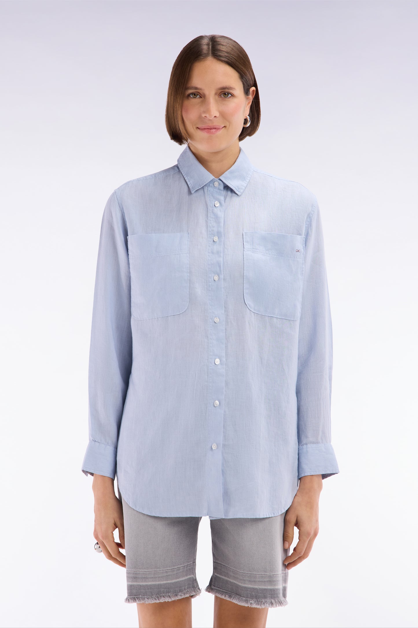 Oversized grey linen shirt with patch pockets