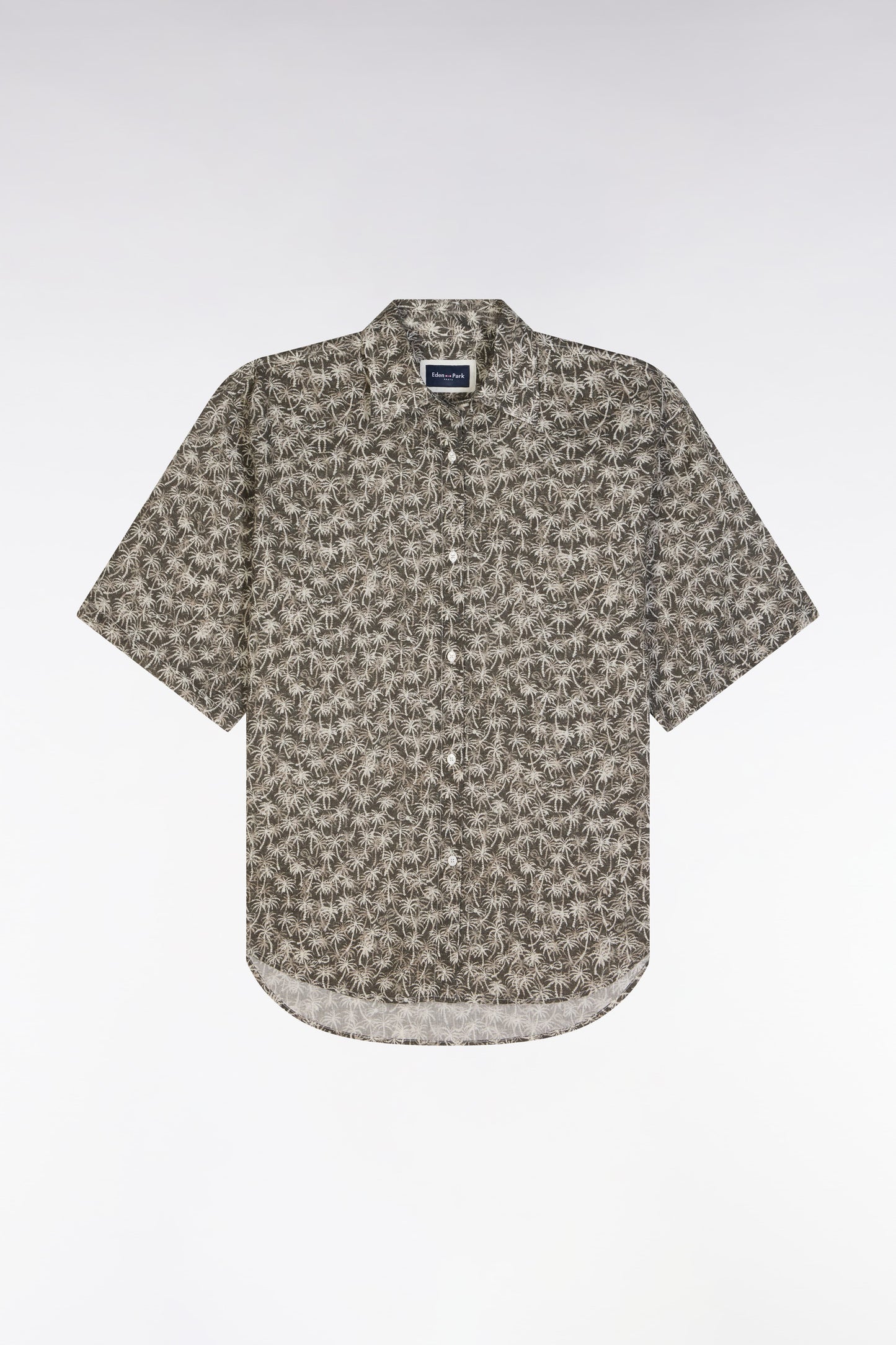 Oversized short-sleeved khaki cotton shirt with palm print