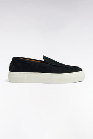 Women's navy suede loafers with sneaker soles