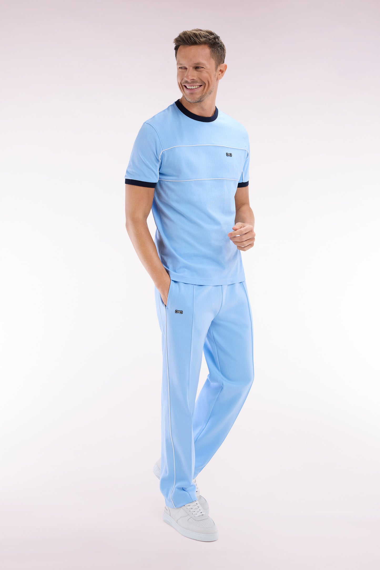 Straight-cut sky blue cotton interlock jogging pants