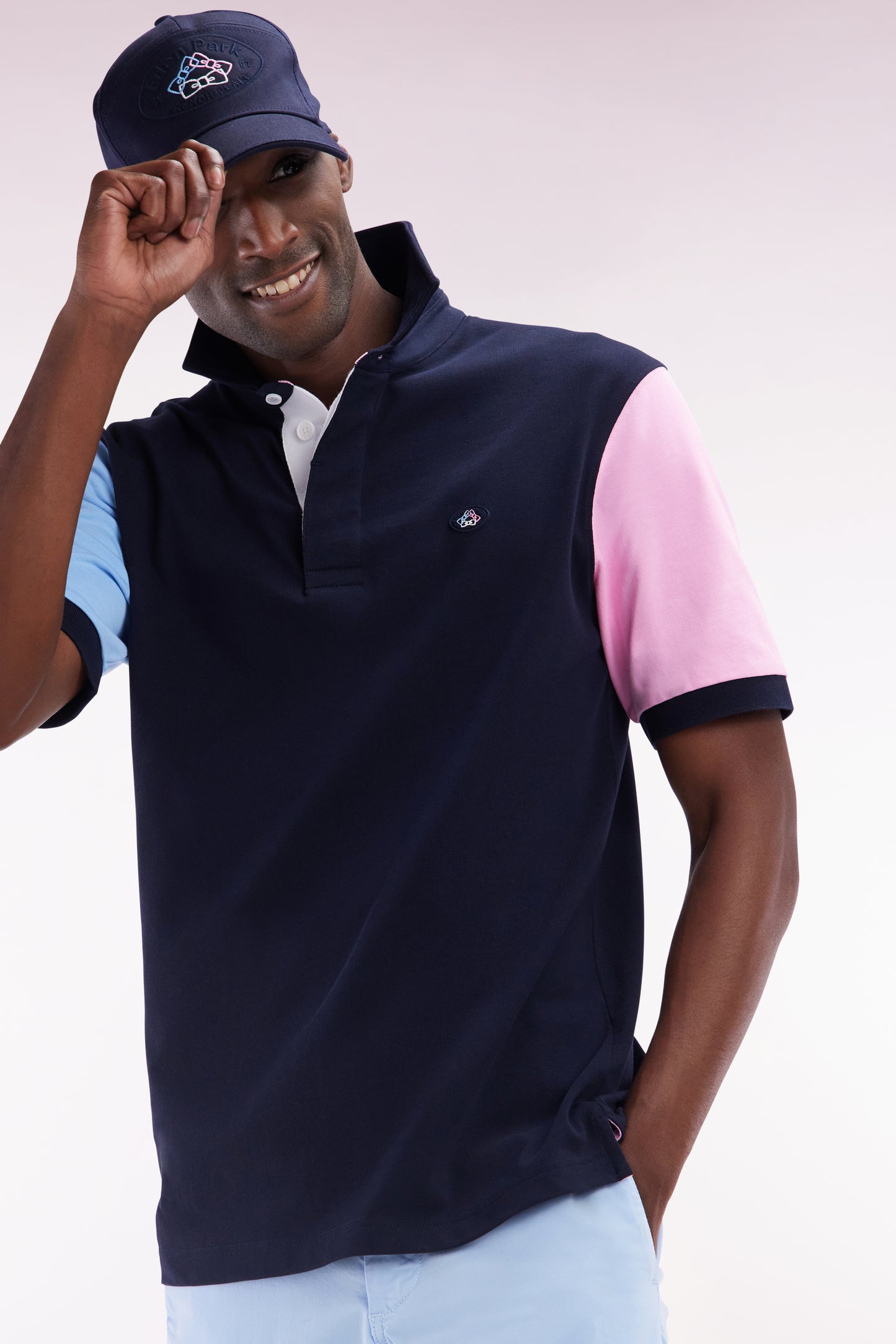 Short-sleeved rugby shirt in navy cotton jersey with back embroidery