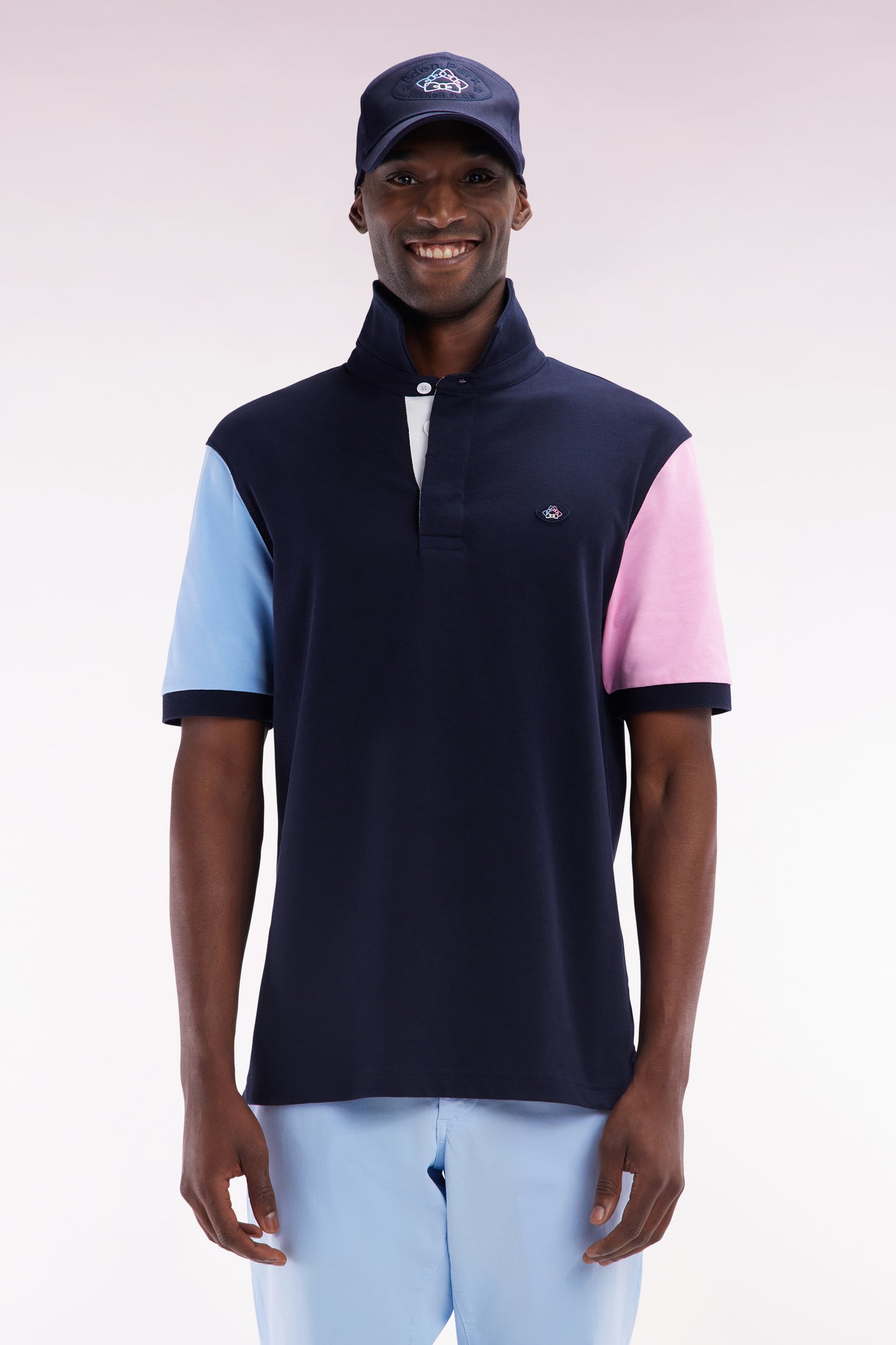 Short-sleeved rugby shirt in navy cotton jersey with back embroidery