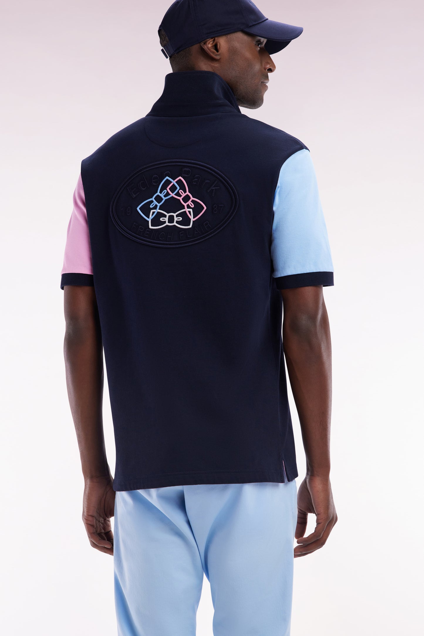 Short-sleeved rugby shirt in navy cotton jersey with back embroidery