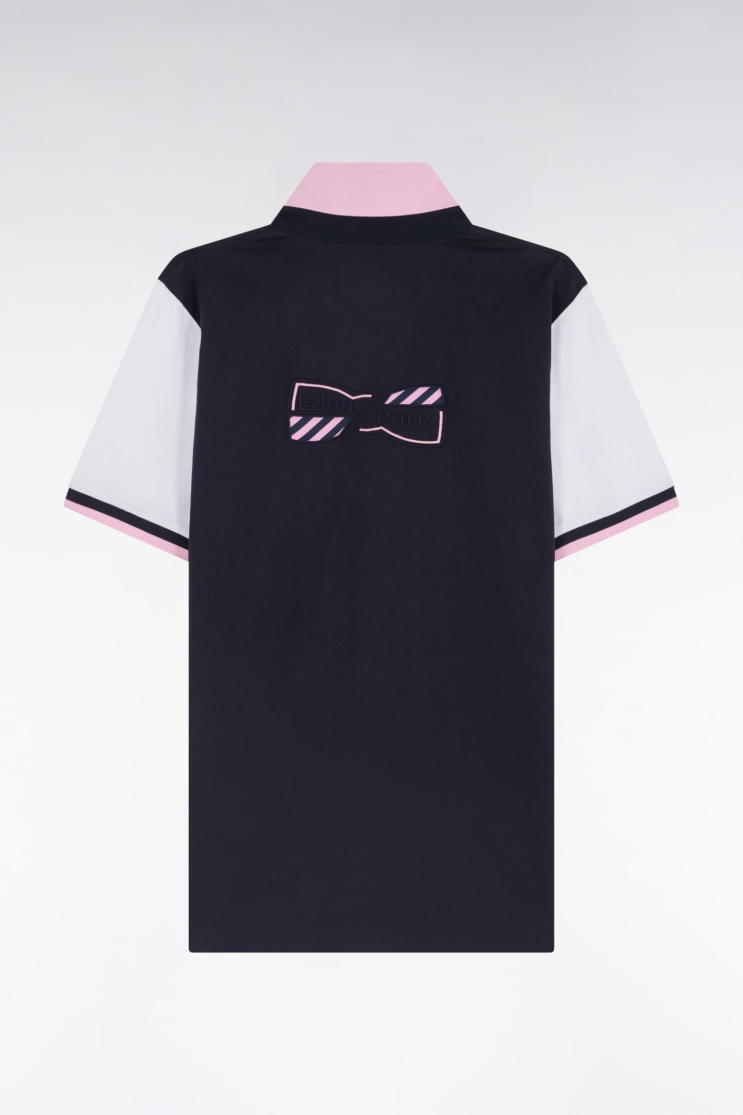 Straight-cut short-sleeved rugby shirt in white cotton jersey with bow tie embroidery